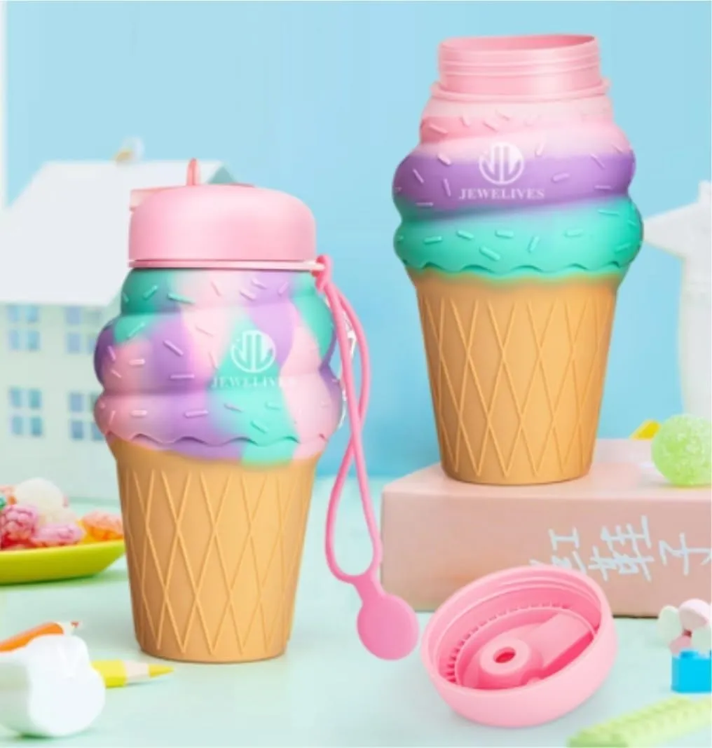 Water Bottle Cartoon Kettle Portable Anti-Fall and Leak-Proof Silicone Folding Water Cup Outdoor Sports Cup(Pink Kitten Bottle)