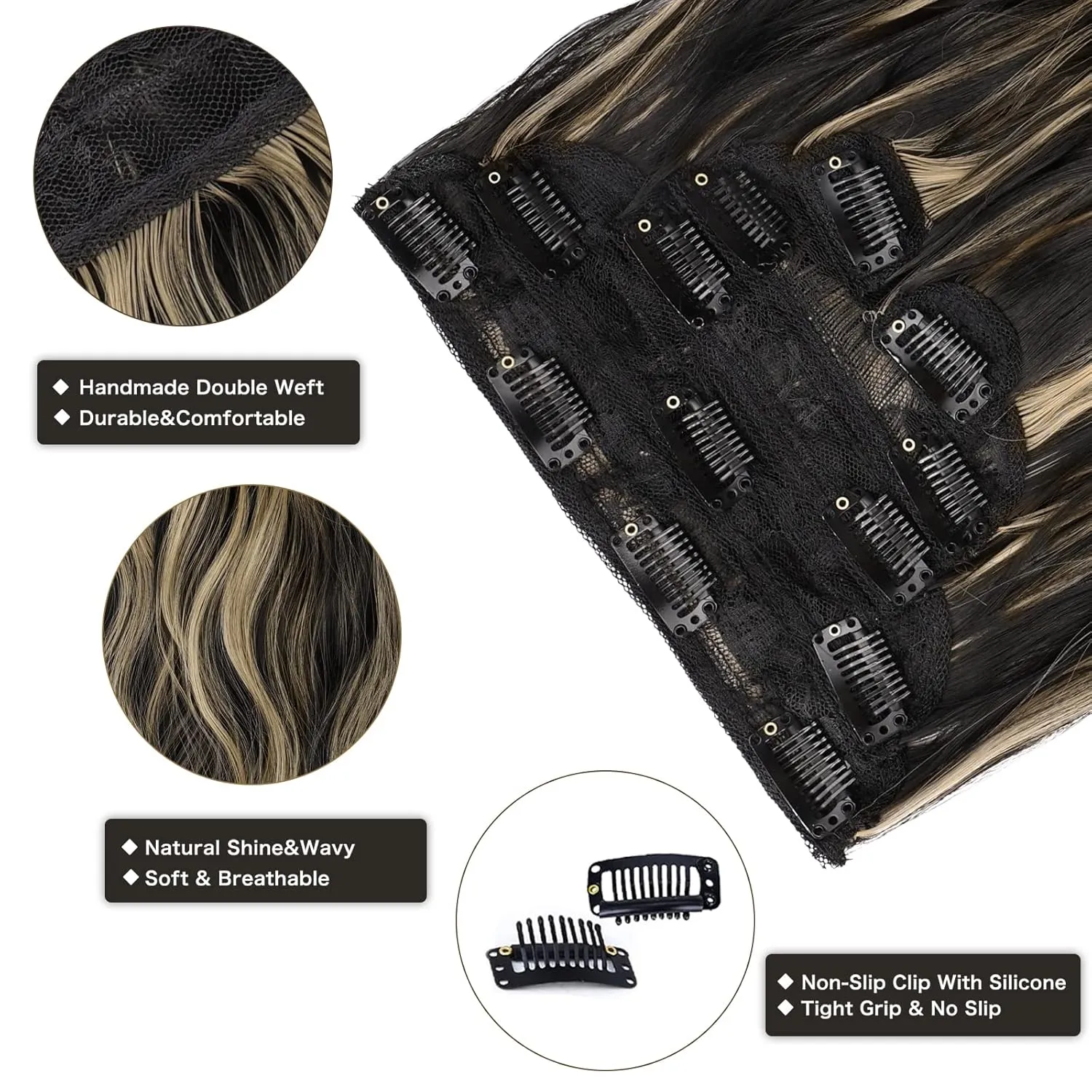 WECAN Clip in Hair Extension 20 Inch Black Mix Blonde 6PCS Long Wavy Curly Hairpieces for Women Natural Thick Synthetic Fiber Double Weft Hair Full Head