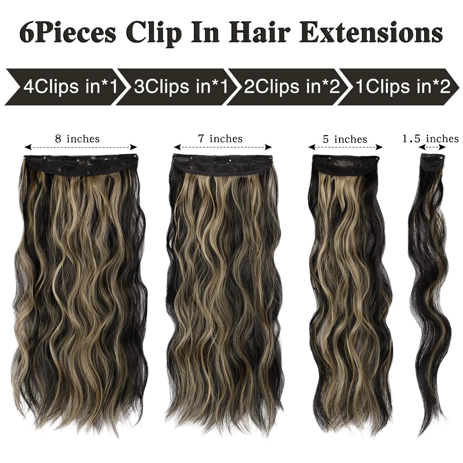 WECAN Clip in Hair Extension 20 Inch Black Mix Blonde 6PCS Long Wavy Curly Hairpieces for Women Natural Thick Synthetic Fiber Double Weft Hair Full Head