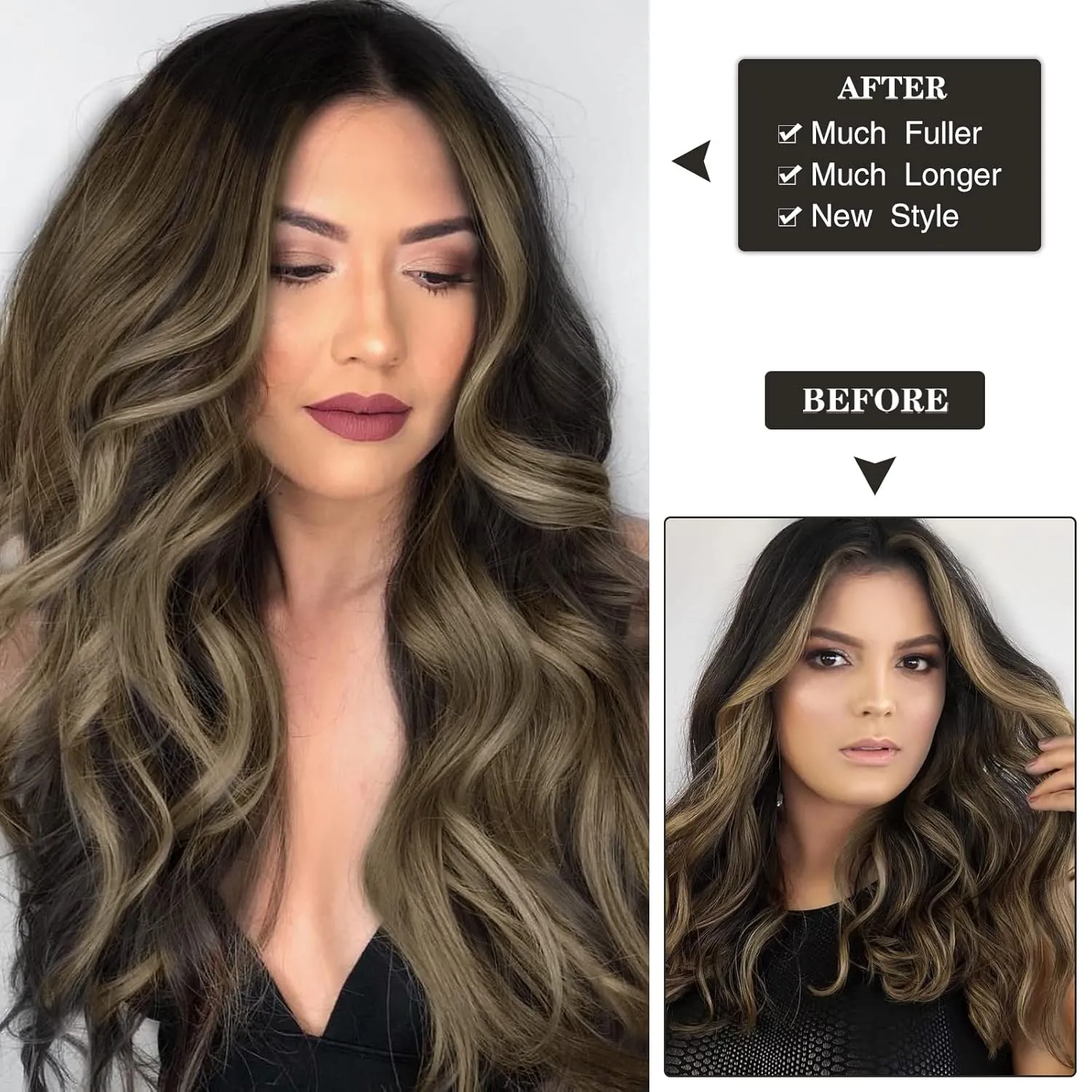 WECAN Clip in Hair Extension 20 Inch Black Mix Blonde 6PCS Long Wavy Curly Hairpieces for Women Natural Thick Synthetic Fiber Double Weft Hair Full Head