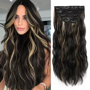 WECAN Clip in Hair Extension 20 Inch Black Mix Blonde 6PCS Long Wavy Curly Hairpieces for Women Natural Thick Synthetic Fiber Double Weft Hair Full Head