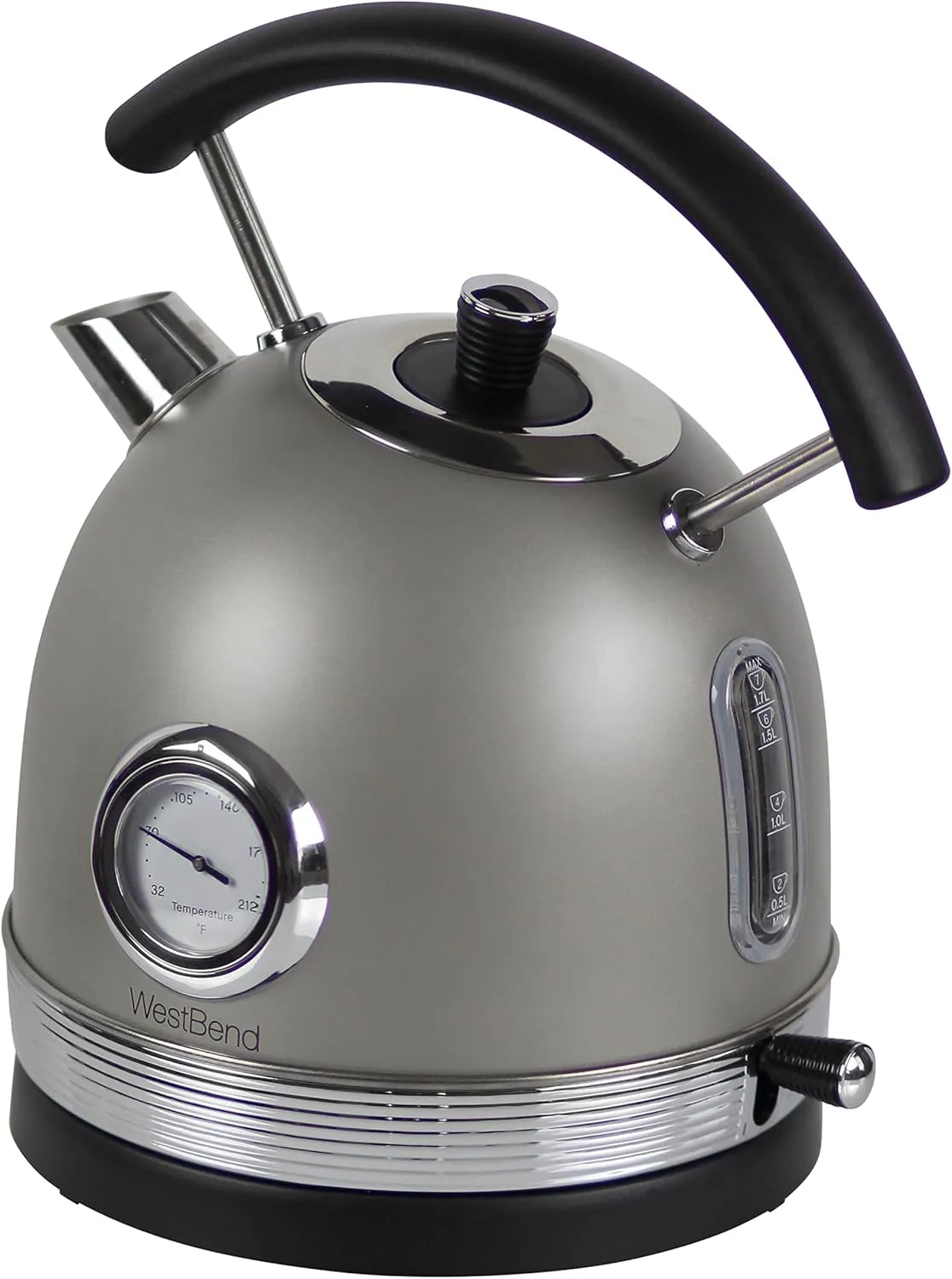 West Bend Electric Kettle Retro-Styled Stainless Steel 1500 Watts with Auto-Shutoff & Boil-Dry Protection, 1.7-Liter, Gray
