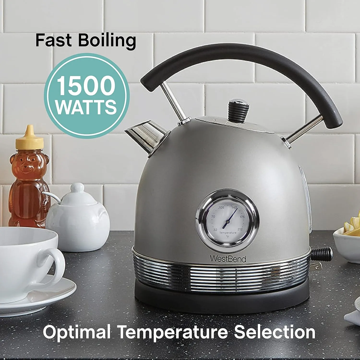 West Bend Electric Kettle Retro-Styled Stainless Steel 1500 Watts with Auto-Shutoff & Boil-Dry Protection, 1.7-Liter, Gray