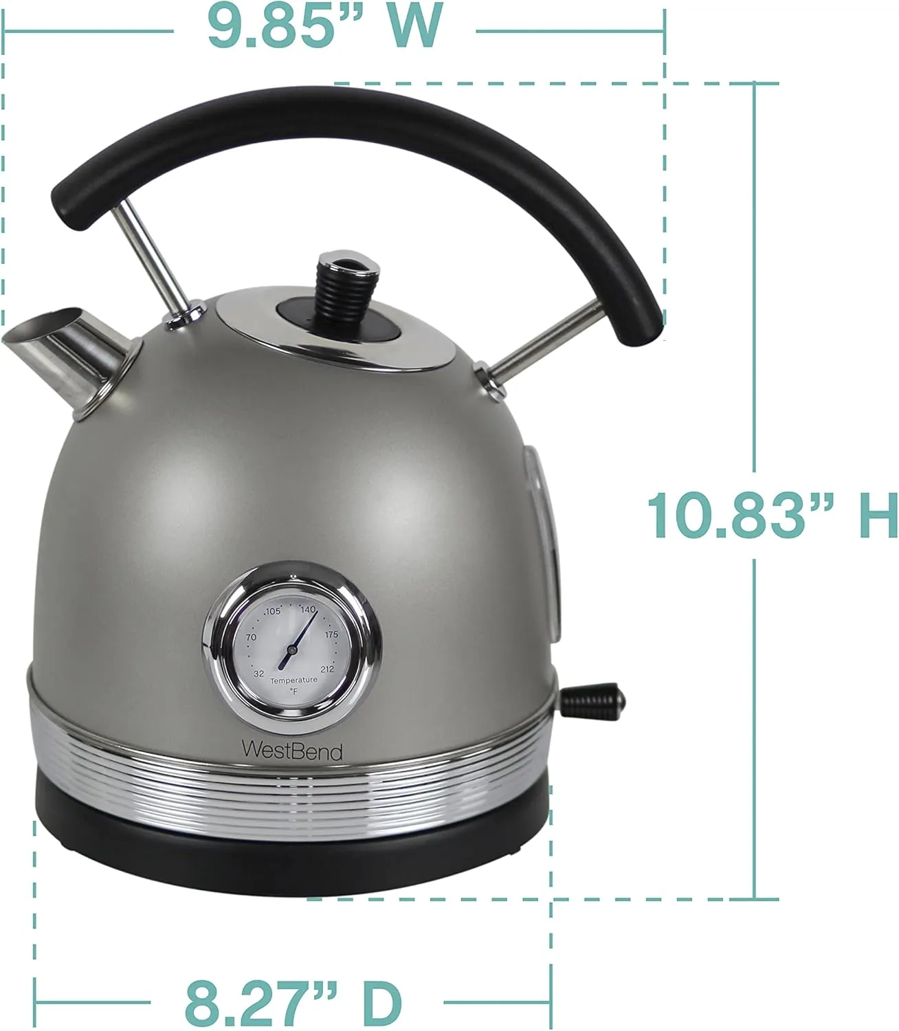 West Bend Electric Kettle Retro-Styled Stainless Steel 1500 Watts with Auto-Shutoff & Boil-Dry Protection, 1.7-Liter, Gray