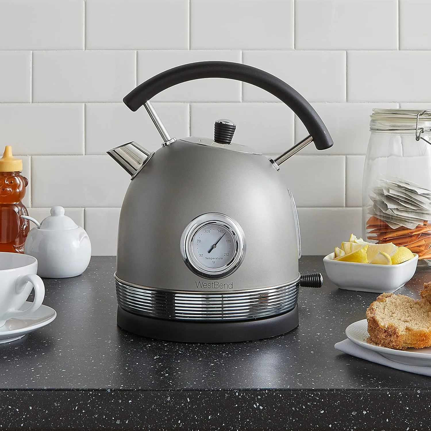 West Bend Electric Kettle Retro-Styled Stainless Steel 1500 Watts with Auto-Shutoff & Boil-Dry Protection, 1.7-Liter, Gray