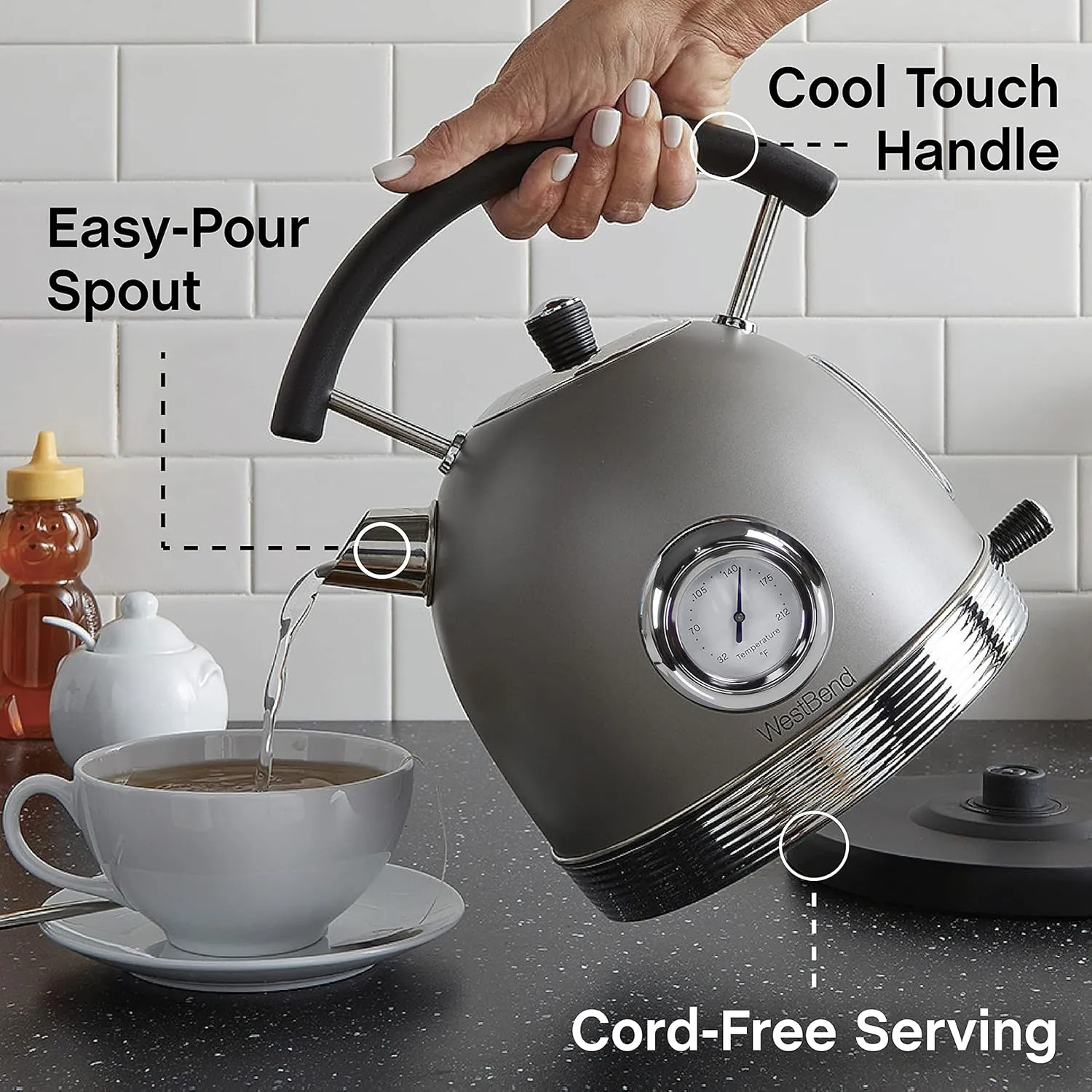 West Bend Electric Kettle Retro-Styled Stainless Steel 1500 Watts with Auto-Shutoff & Boil-Dry Protection, 1.7-Liter, Gray