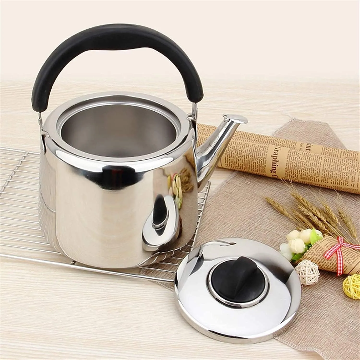 Whistling Teapots Stainless Steel Whistling Kettle Lightweight Compact for Camping Trips Hiking Cooking Campsite Campfire BBQ Glamping 211014(Color:Silver Size:4.5L) (Silver 5L)