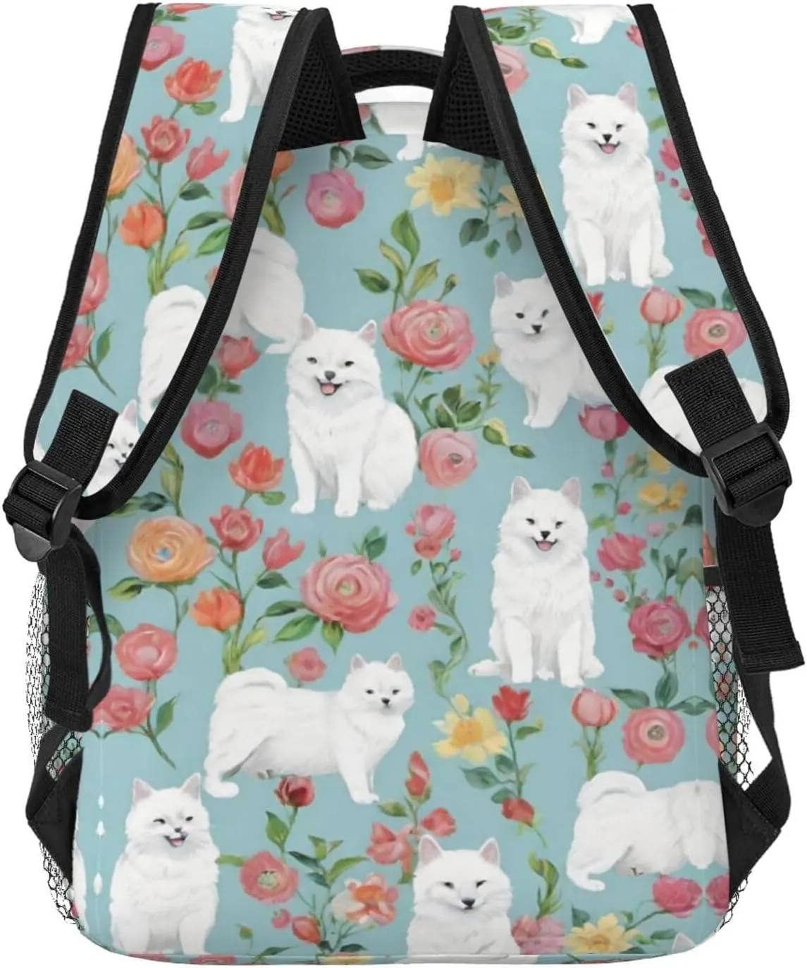 White Cat Floral Art Rucksacks Lightweight Multipurpose Anti-Theft Shoulder Bag Big Capacity Traveling & Camping Backpack With Side Pockets