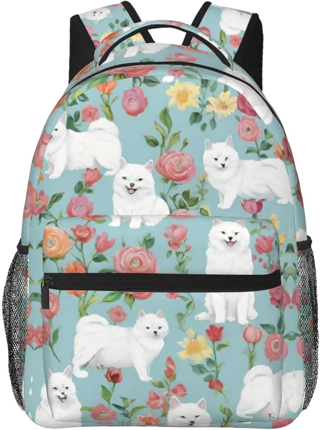 White Cat Floral Art Rucksacks Lightweight Multipurpose Anti-Theft Shoulder Bag Big Capacity Traveling & Camping Backpack With Side Pockets