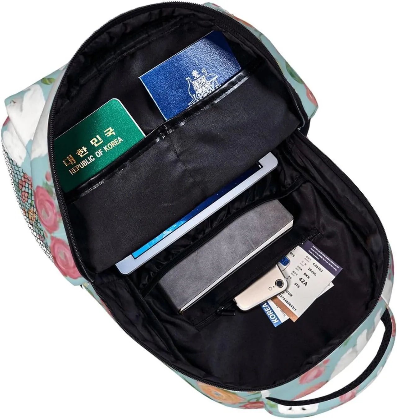 White Cat Floral Art Rucksacks Lightweight Multipurpose Anti-Theft Shoulder Bag Big Capacity Traveling & Camping Backpack With Side Pockets