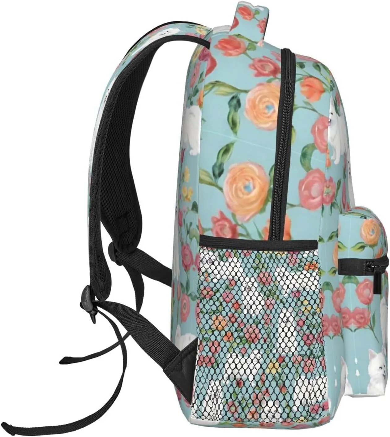 White Cat Floral Art Rucksacks Lightweight Multipurpose Anti-Theft Shoulder Bag Big Capacity Traveling & Camping Backpack With Side Pockets