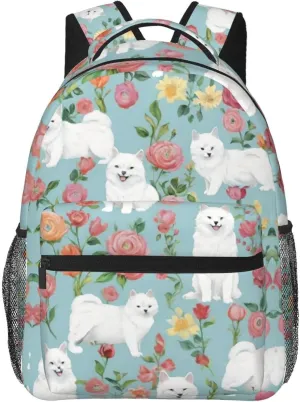 White Cat Floral Art Rucksacks Lightweight Multipurpose Anti-Theft Shoulder Bag Big Capacity Traveling & Camping Backpack With Side Pockets
