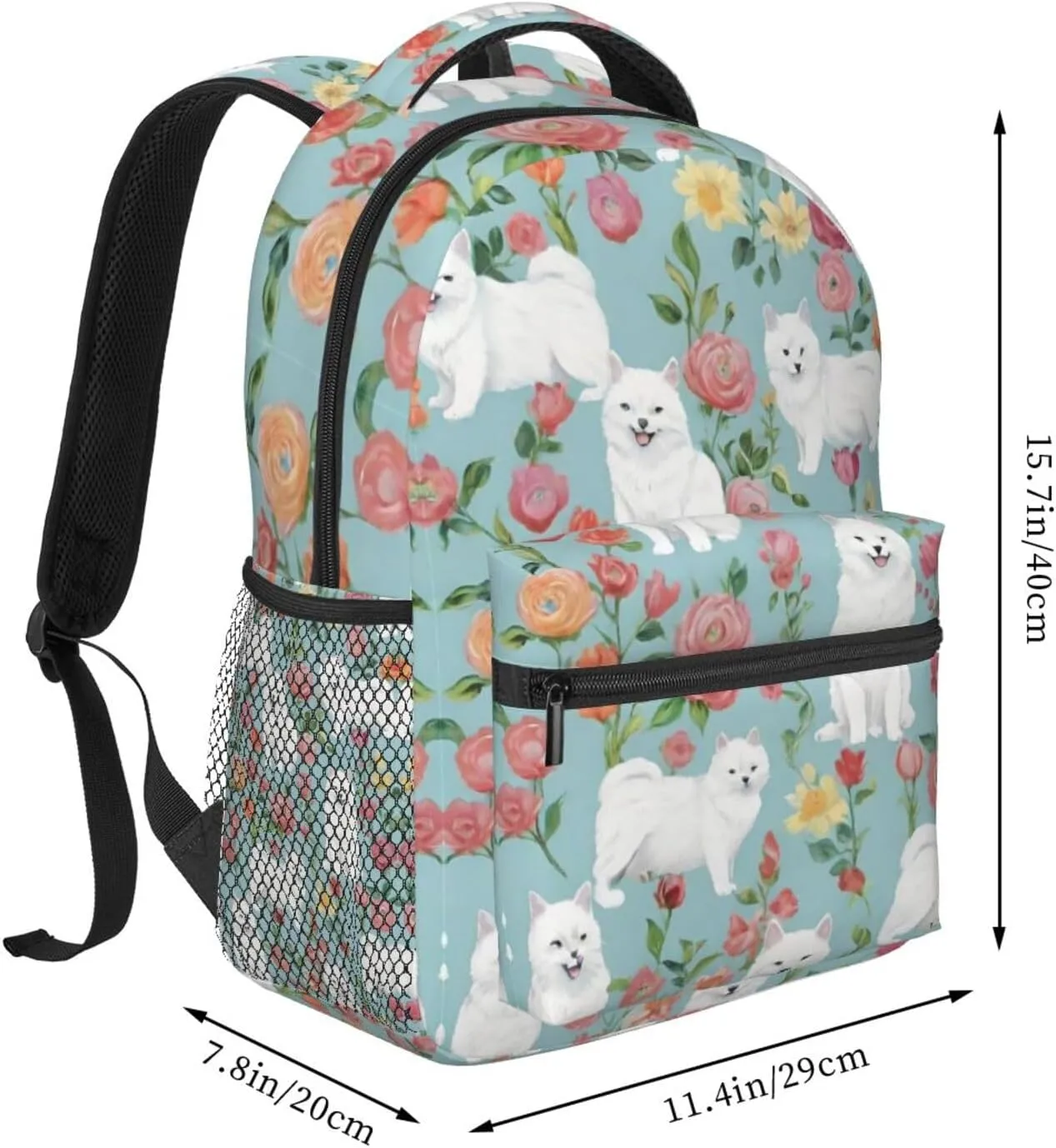 White Cat Floral Art Rucksacks Lightweight Multipurpose Anti-Theft Shoulder Bag Big Capacity Traveling & Camping Backpack With Side Pockets
