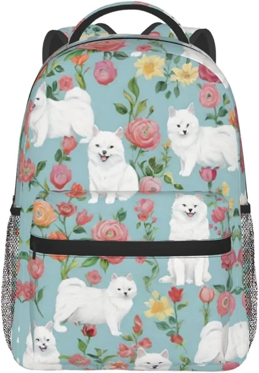 White Cat Floral Art Rucksacks Lightweight Multipurpose Anti-Theft Shoulder Bag Big Capacity Traveling & Camping Backpack With Side Pockets