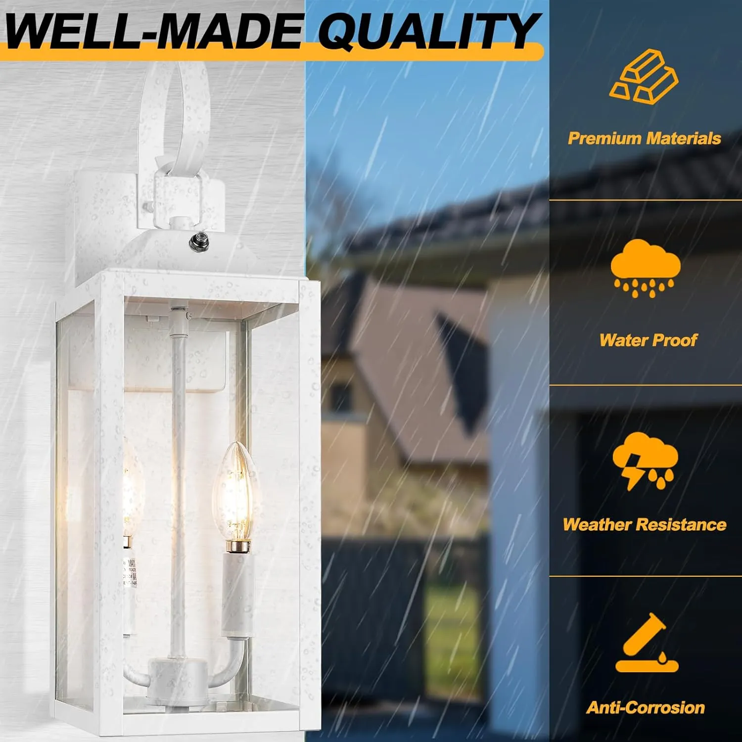 White Dusk to Dawn Outdoor Wall Lantern 2-Light, 19" Large Outside Modern Wall Sconce Light Fixture, Industrial Porch Light Wall Mount with Glass, Waterproof Farmhouse Exterior Lamp Lighting