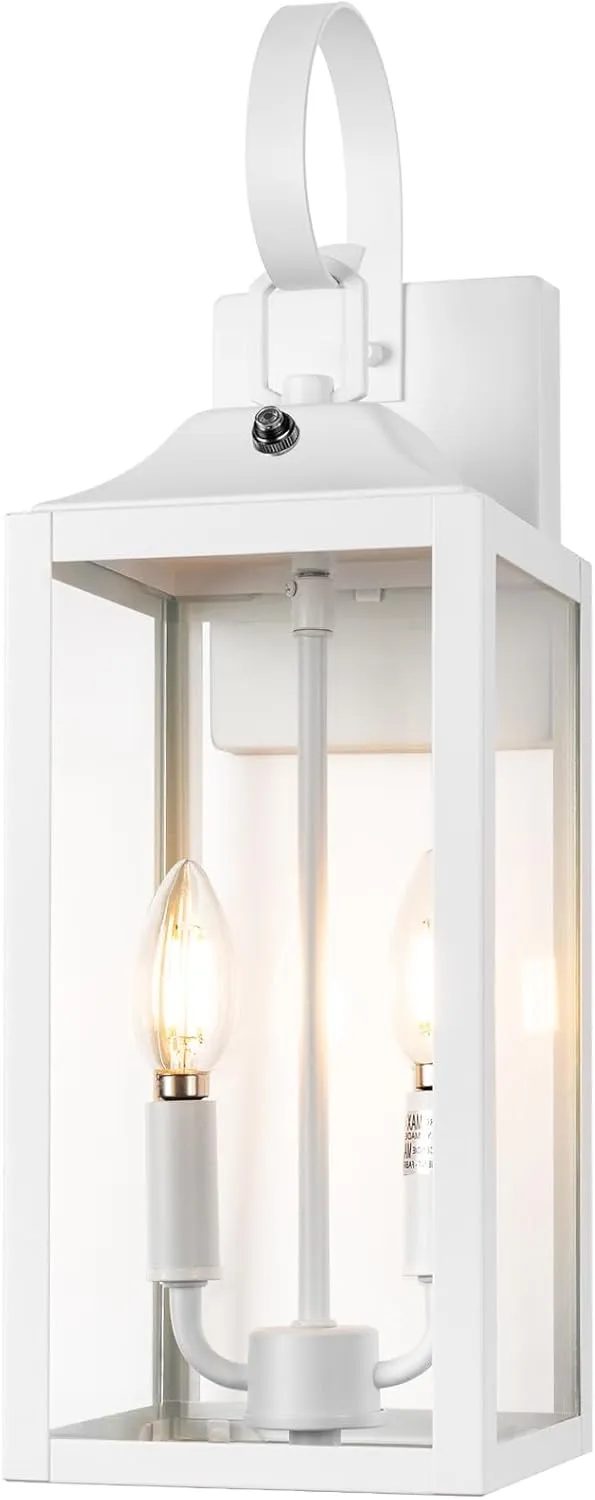 White Dusk to Dawn Outdoor Wall Lantern 2-Light, 19" Large Outside Modern Wall Sconce Light Fixture, Industrial Porch Light Wall Mount with Glass, Waterproof Farmhouse Exterior Lamp Lighting