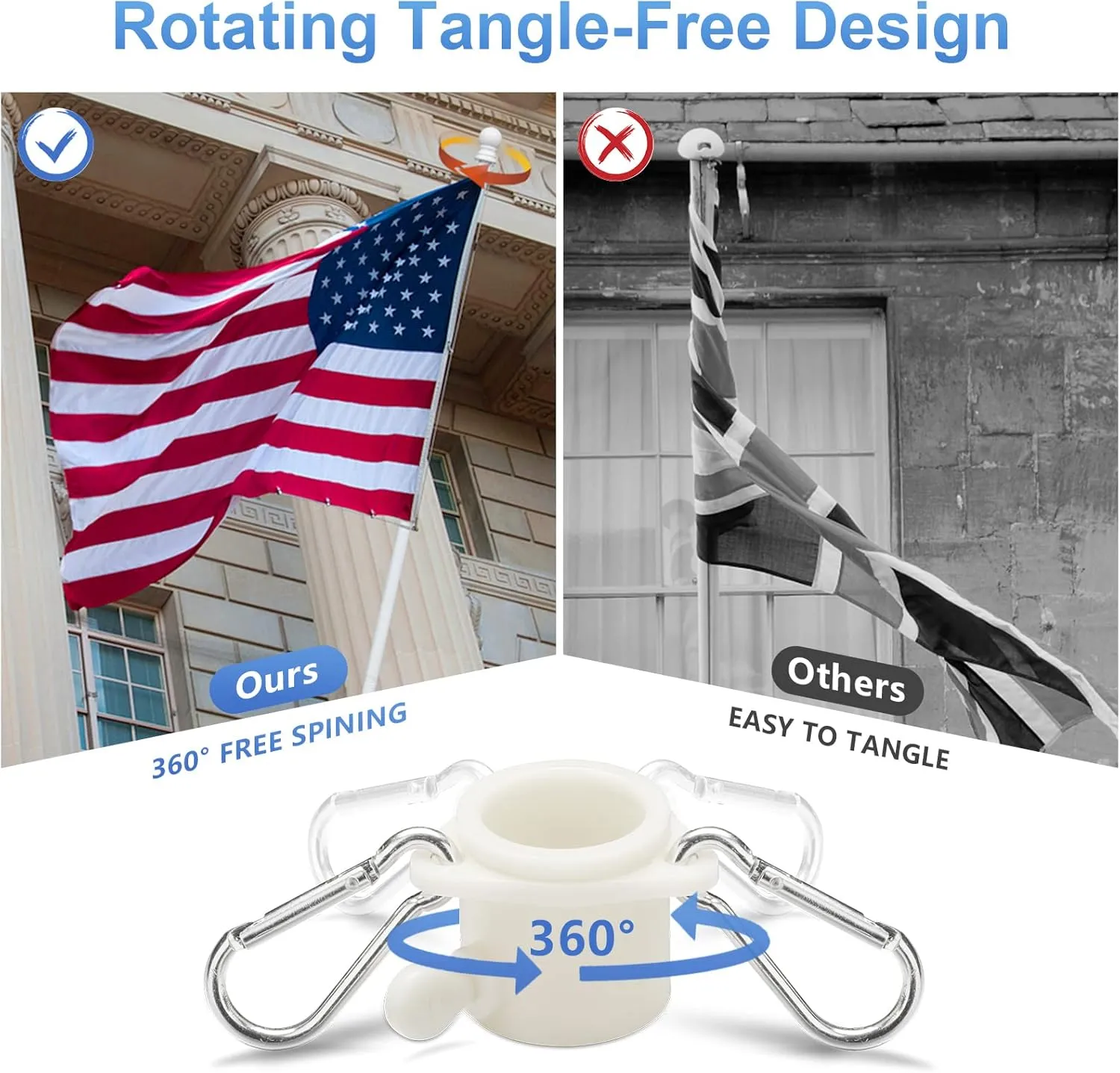 White Flag Poles for Outside House - 6ft Tangle Free Flag Pole for House,Heavy Duty Metal Flagpole Hardware for American Flags,Outdoor Flagpoles Residential for Porch,Car,Truck,Boat (Without Bracket)