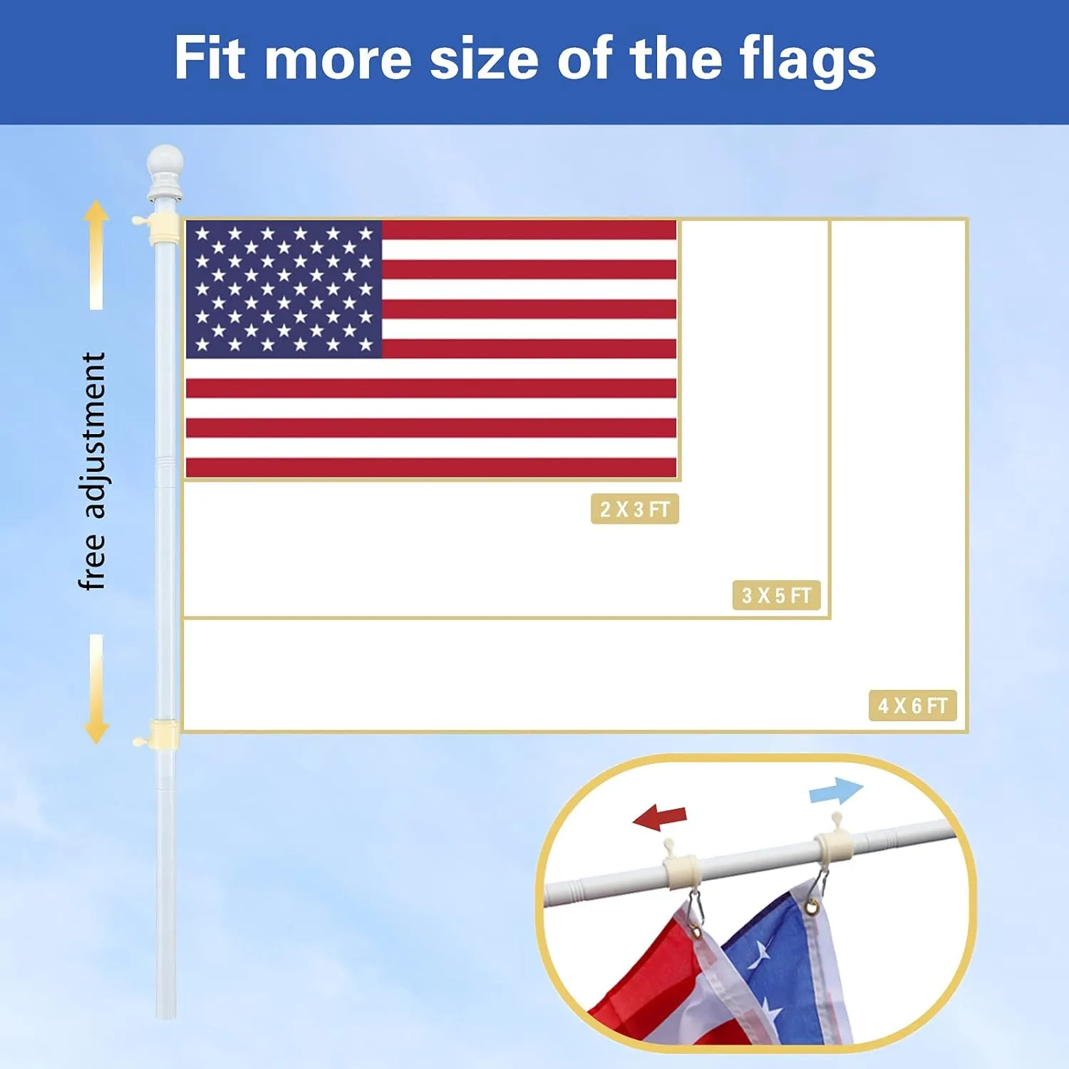 White Flag Poles for Outside House - 6ft Tangle Free Flag Pole for House,Heavy Duty Metal Flagpole Hardware for American Flags,Outdoor Flagpoles Residential for Porch,Car,Truck,Boat (Without Bracket)