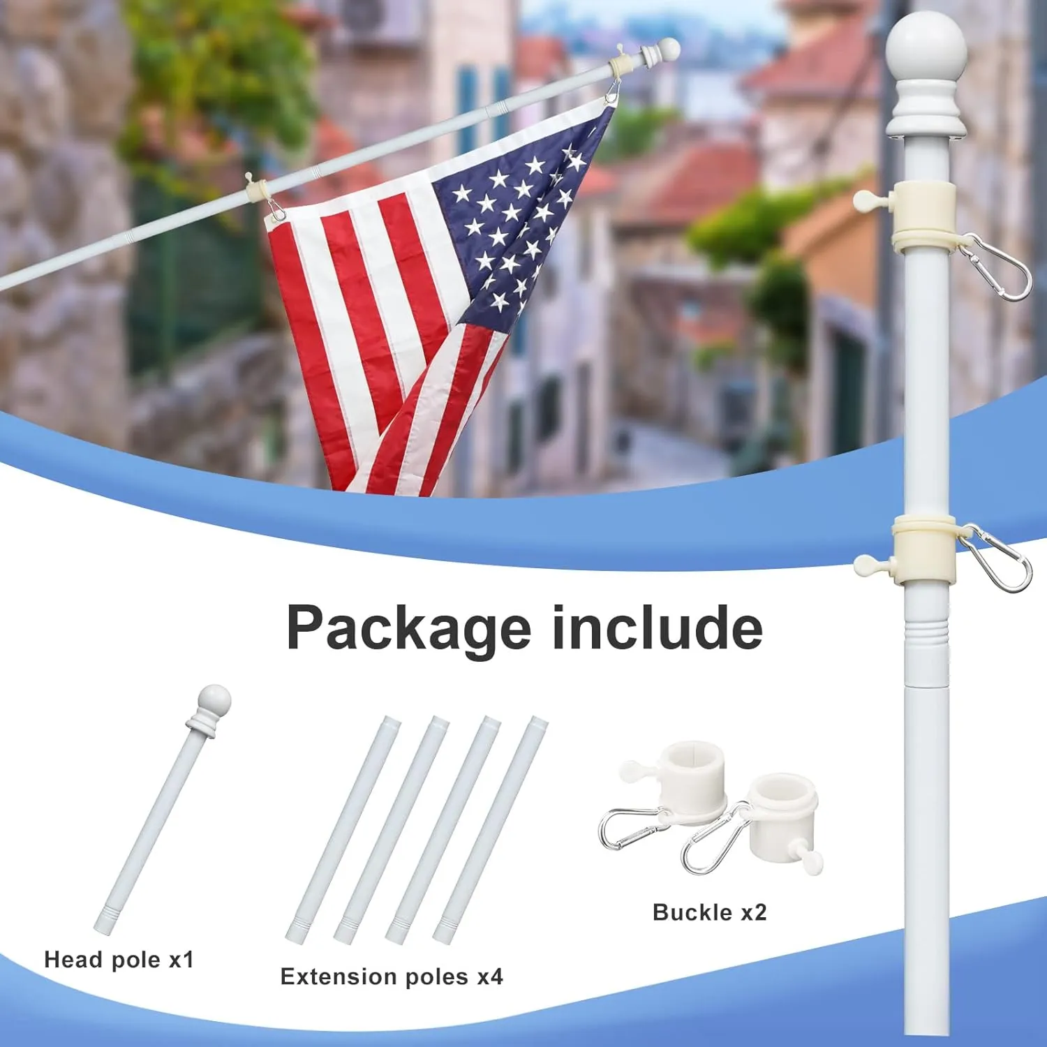 White Flag Poles for Outside House - 6ft Tangle Free Flag Pole for House,Heavy Duty Metal Flagpole Hardware for American Flags,Outdoor Flagpoles Residential for Porch,Car,Truck,Boat (Without Bracket)