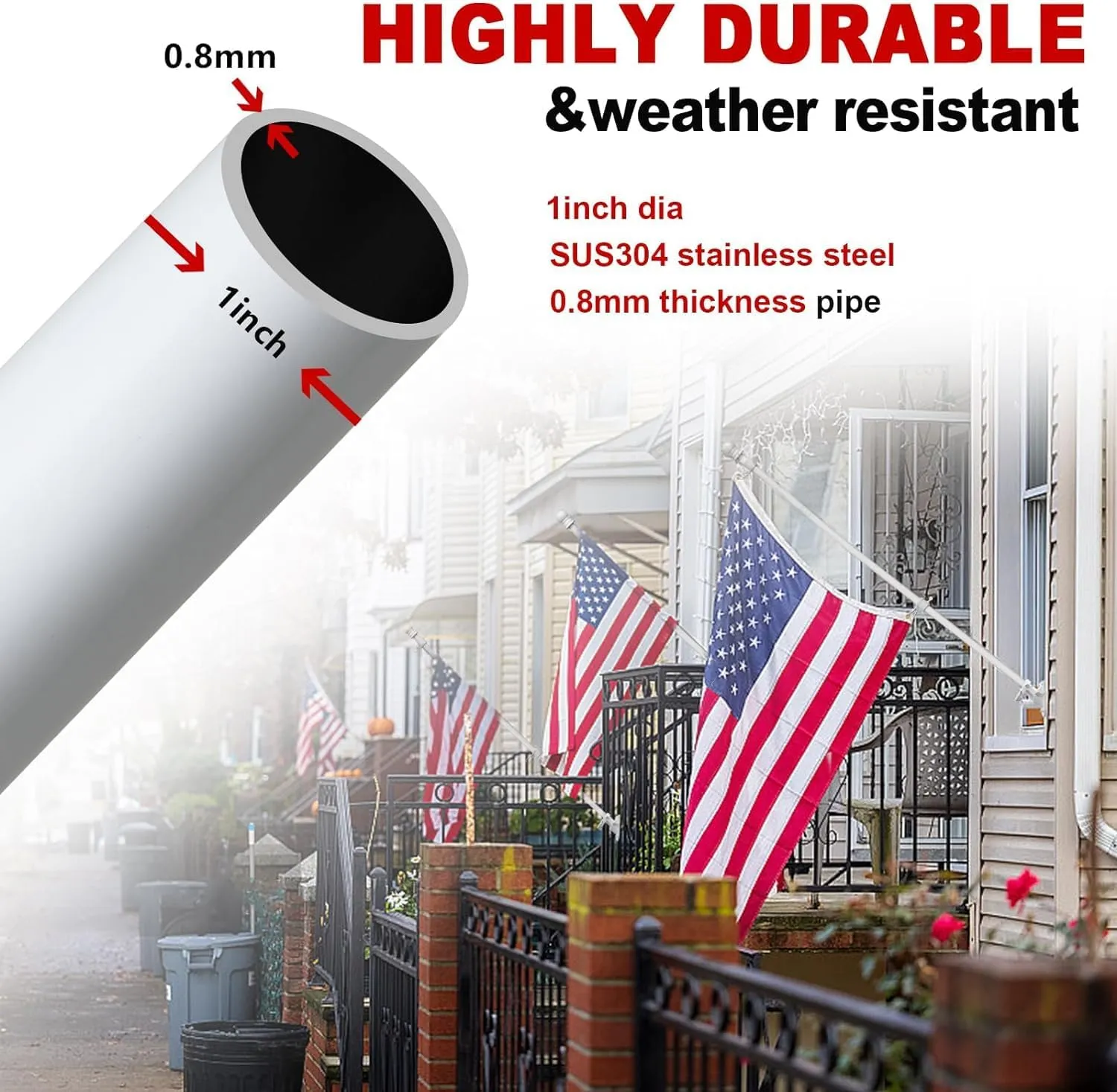 White Flag Poles for Outside House - 6ft Tangle Free Flag Pole for House,Heavy Duty Metal Flagpole Hardware for American Flags,Outdoor Flagpoles Residential for Porch,Car,Truck,Boat (Without Bracket)