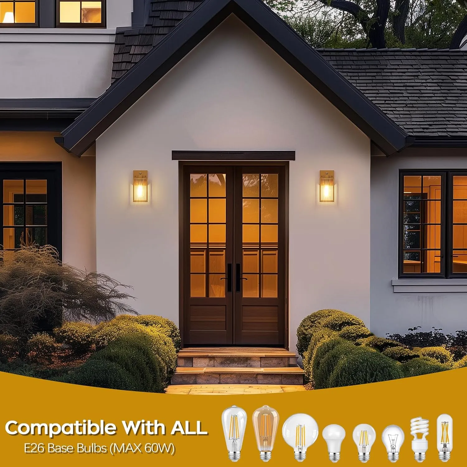 WIHTU Dusk to Dawn 4 Pack Exterior Lighting Fixtures, Waterproof Lanterns, Porch Lights with E26 Sockets, Gold Outdoor Wall Sconces for Front Door, Patio, Garage