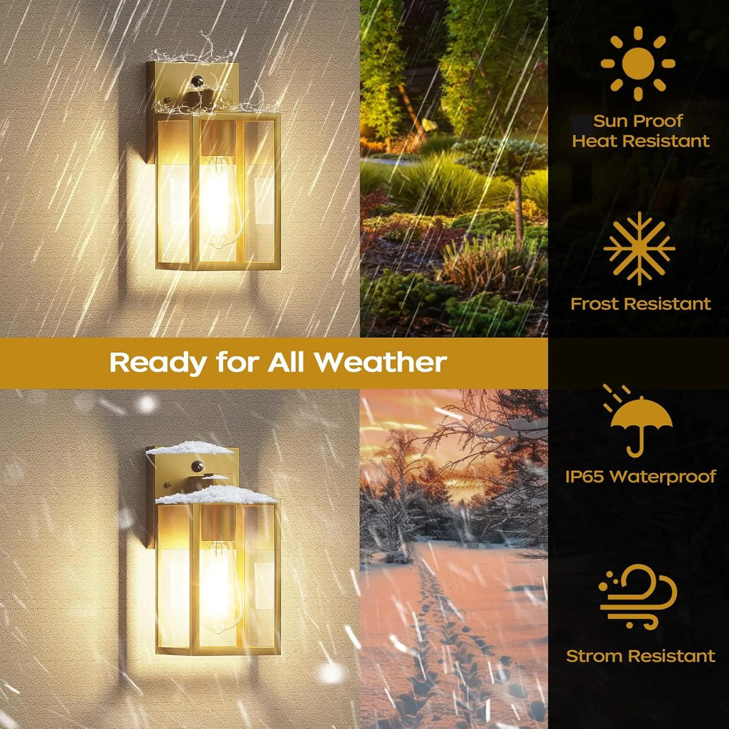 WIHTU Dusk to Dawn 4 Pack Exterior Lighting Fixtures, Waterproof Lanterns, Porch Lights with E26 Sockets, Gold Outdoor Wall Sconces for Front Door, Patio, Garage