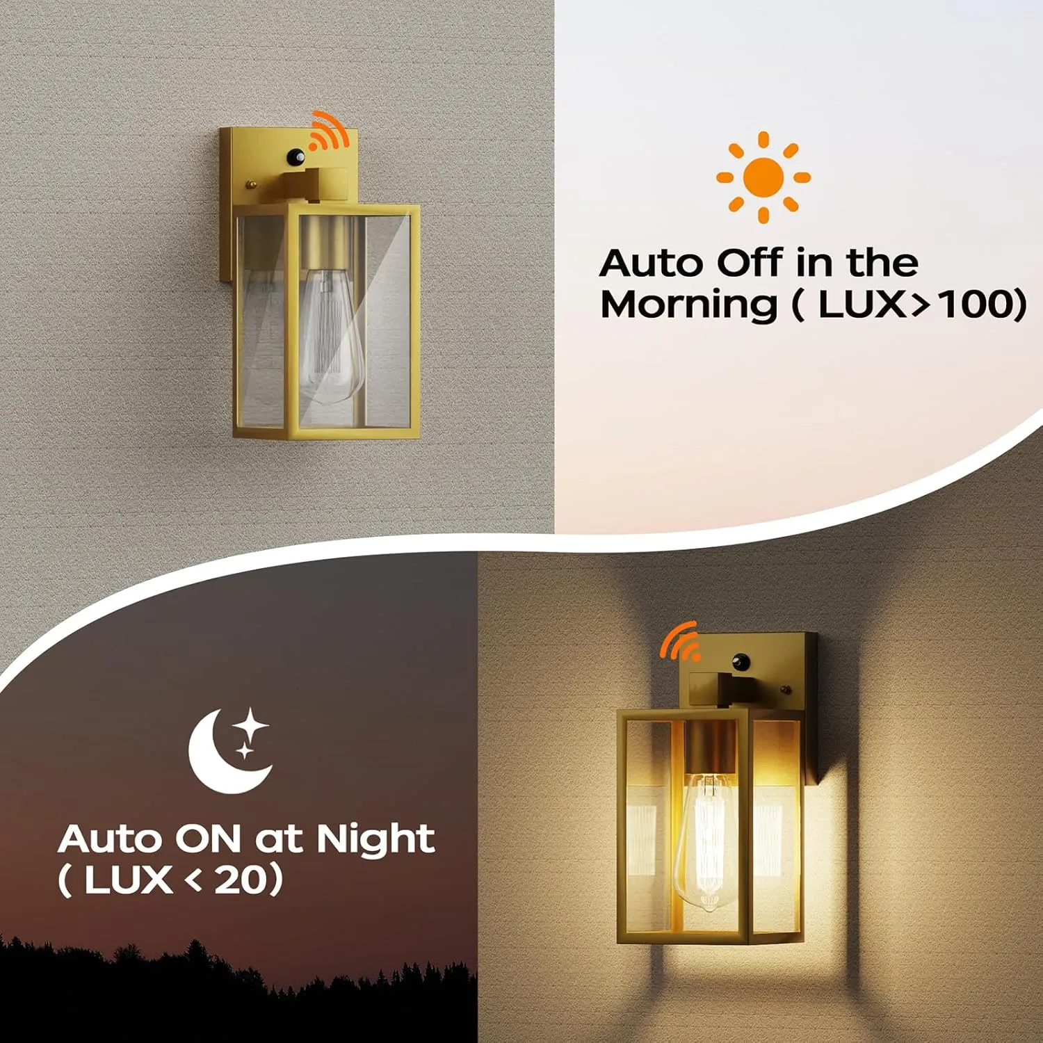 WIHTU Dusk to Dawn 4 Pack Exterior Lighting Fixtures, Waterproof Lanterns, Porch Lights with E26 Sockets, Gold Outdoor Wall Sconces for Front Door, Patio, Garage