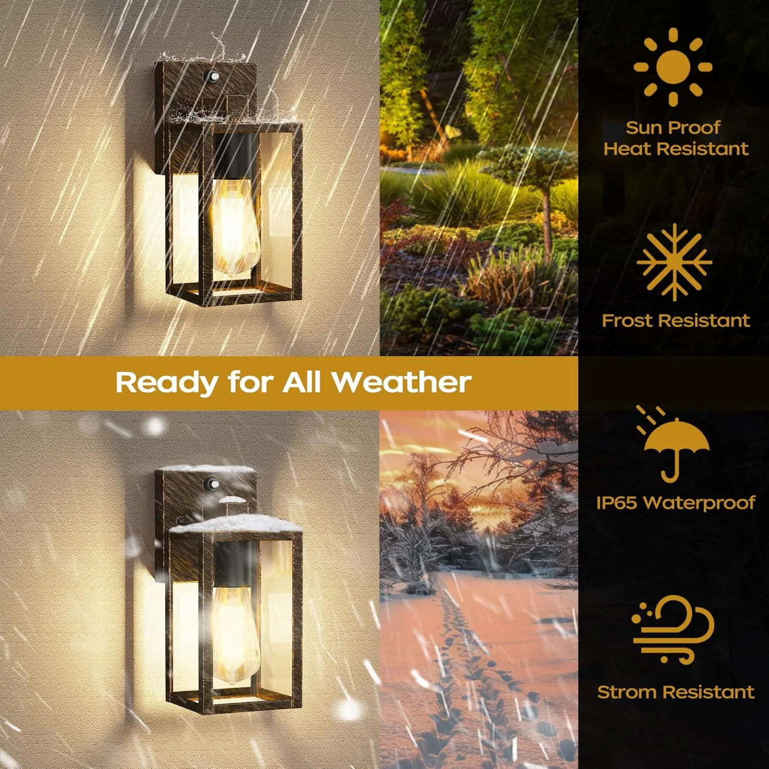 WIHTU Gold Dusk to Dawn Porch Lights Fixtures, Outdoor Lights for House, Outdoor Wall Lights Exterior, Waterproof Wall Sconce Lamp, Wall Lantern, Anti Rust Coach Lights for Doorway (Black Brush Gold)