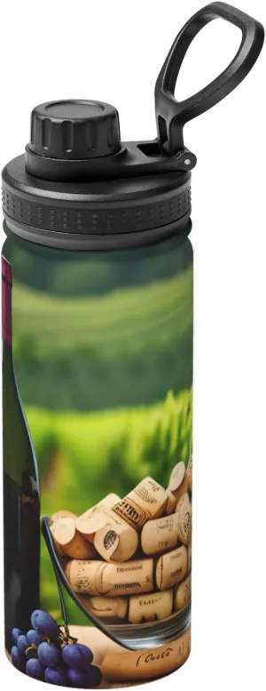 Wine Bottle Corks Grapes 18OZ Sports Insulated Kettle Drinking Cup Water Bottle Stainless Steel Kettle Portable Cup For Gym, White