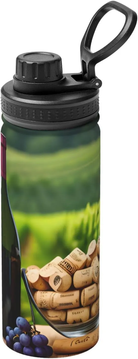 Wine Bottle Corks Grapes 18OZ Sports Insulated Kettle Drinking Cup Water Bottle Stainless Steel Kettle Portable Cup For Gym, White