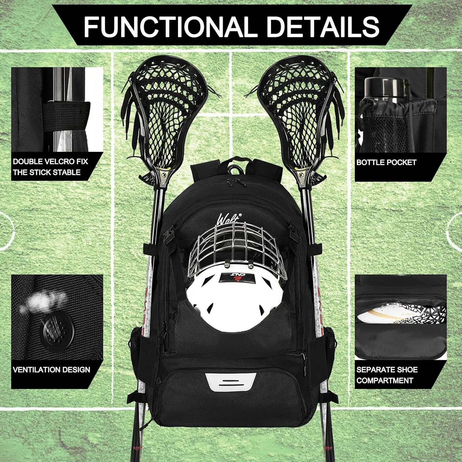 WOLT Lacrosse Bag-Lacrosse Backpack with Two Sticks Holder-Large Field Hockey Bag Holds All Sport Gears