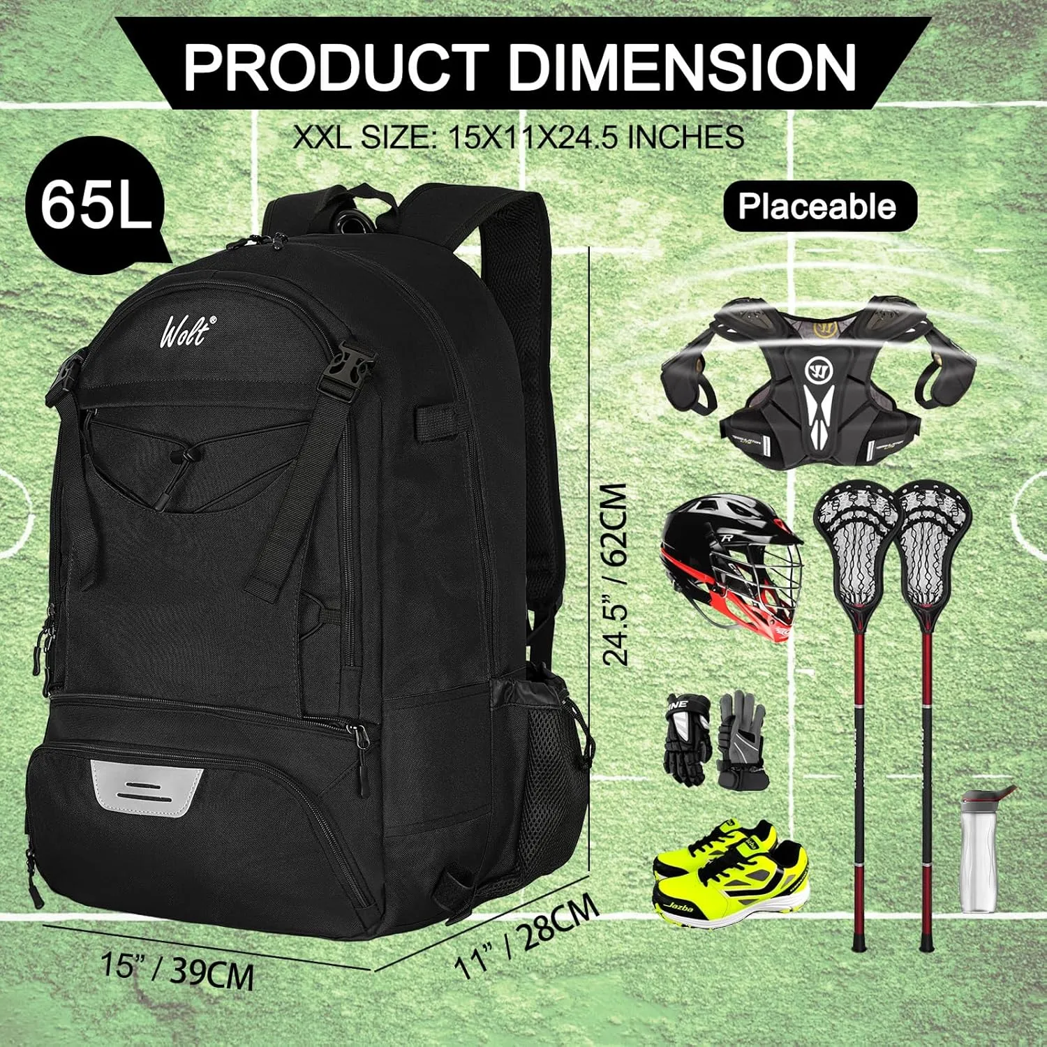 WOLT Lacrosse Bag-Lacrosse Backpack with Two Sticks Holder-Large Field Hockey Bag Holds All Sport Gears