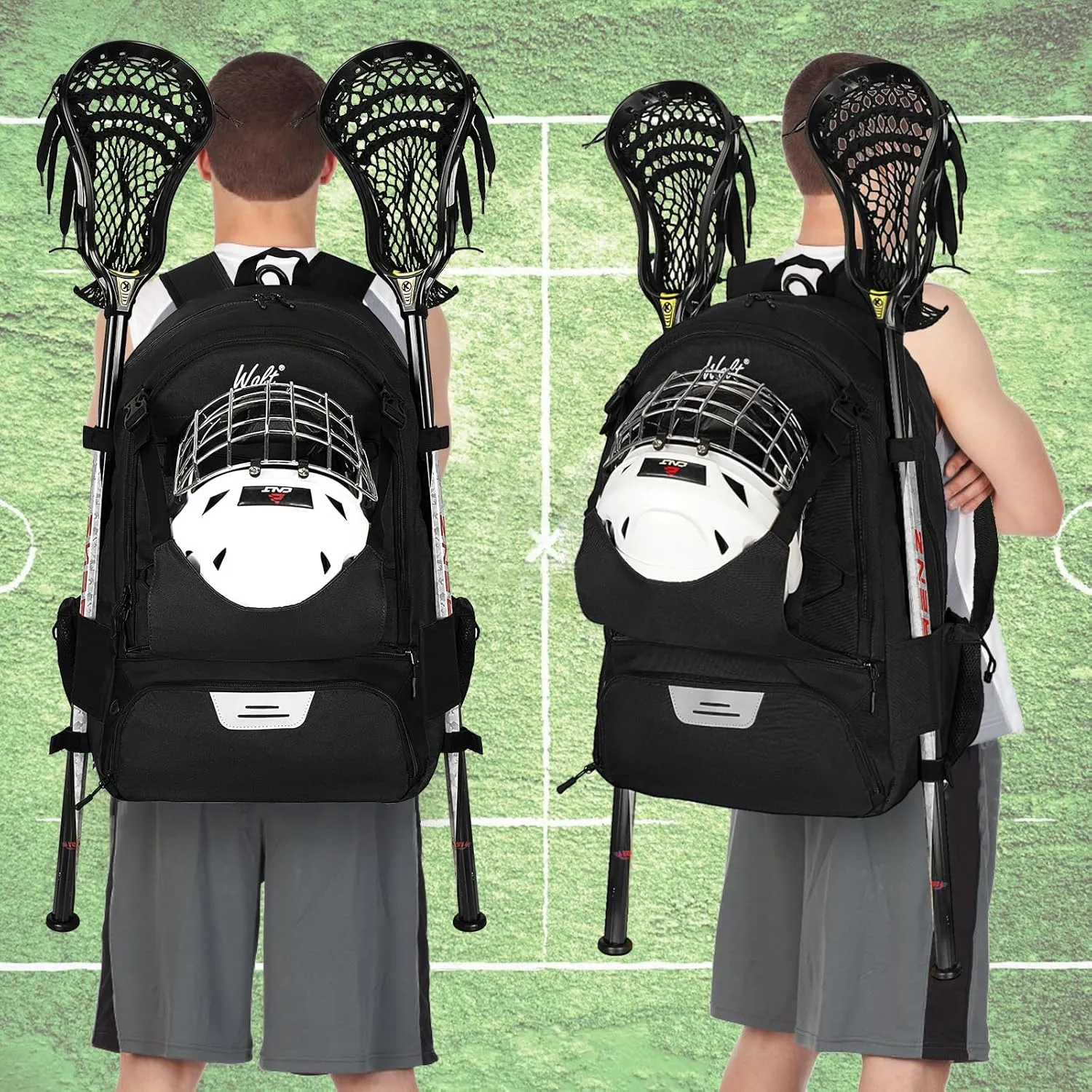 WOLT Lacrosse Bag-Lacrosse Backpack with Two Sticks Holder-Large Field Hockey Bag Holds All Sport Gears