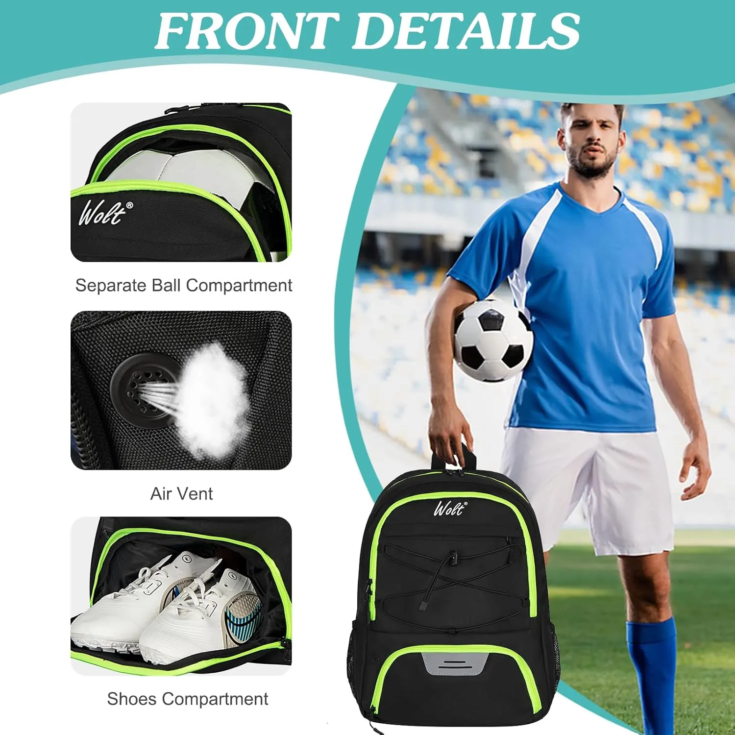 WOLT Youth Soccer Bag, Soccer Backpack, Basketball Backpack with Cleat Shoe and Ball Compartments Volleyball Backpack