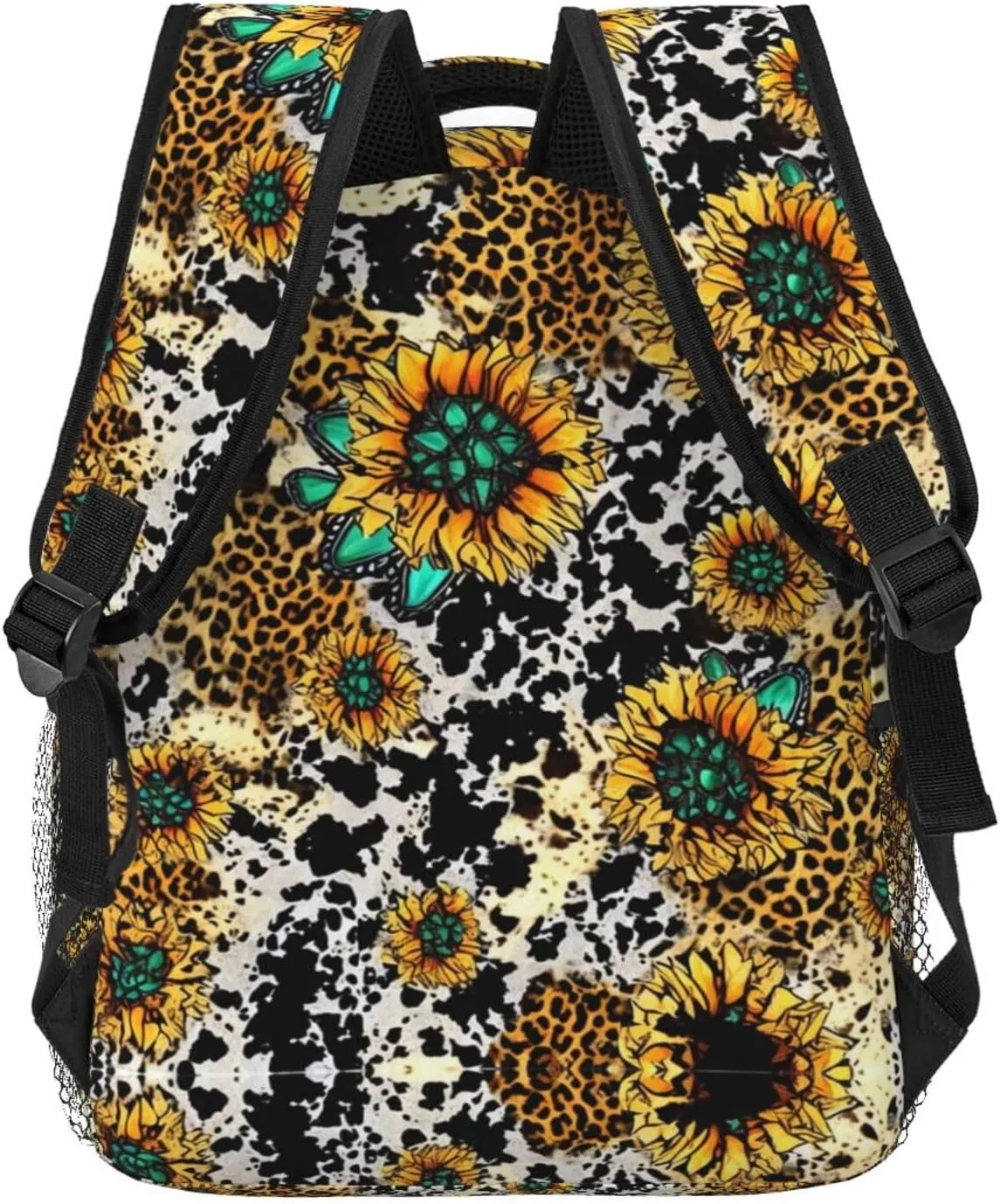 Women Men Polyester Retro Sunflowers Animal Leopard Glitter Art Casual Daypack Large Capacity Bookbag With Side Pockets for Sports Picnic Walking Cycling