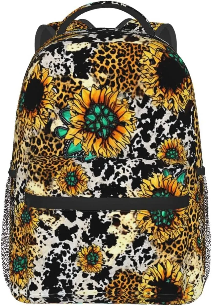 Women Men Polyester Retro Sunflowers Animal Leopard Glitter Art Casual Daypack Large Capacity Bookbag With Side Pockets for Sports Picnic Walking Cycling