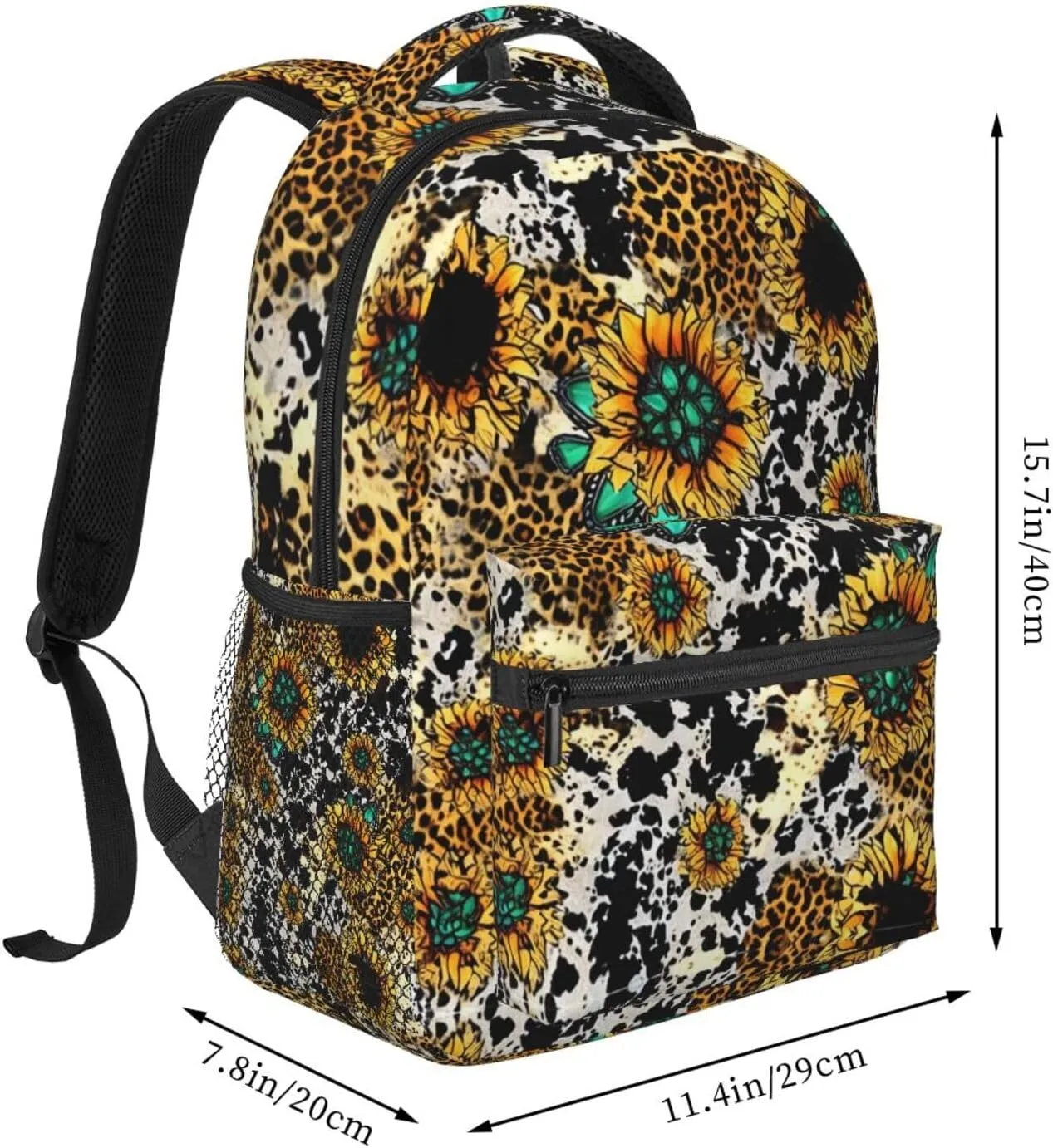 Women Men Polyester Retro Sunflowers Animal Leopard Glitter Art Casual Daypack Large Capacity Bookbag With Side Pockets for Sports Picnic Walking Cycling