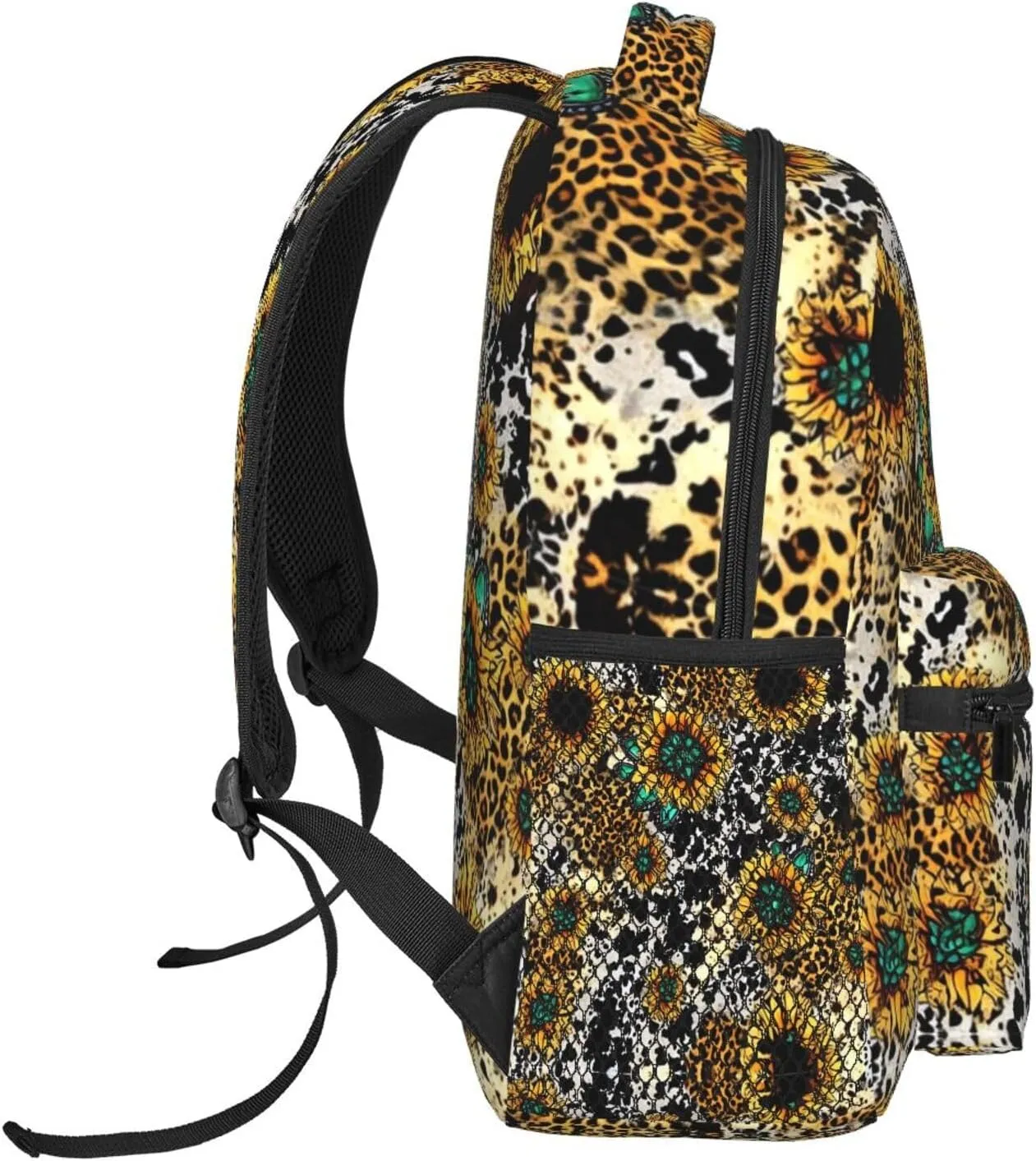 Women Men Polyester Retro Sunflowers Animal Leopard Glitter Art Casual Daypack Large Capacity Bookbag With Side Pockets for Sports Picnic Walking Cycling