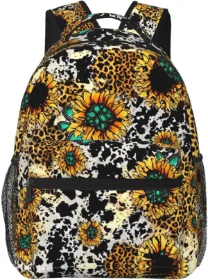 Women Men Polyester Retro Sunflowers Animal Leopard Glitter Art Casual Daypack Large Capacity Bookbag With Side Pockets for Sports Picnic Walking Cycling