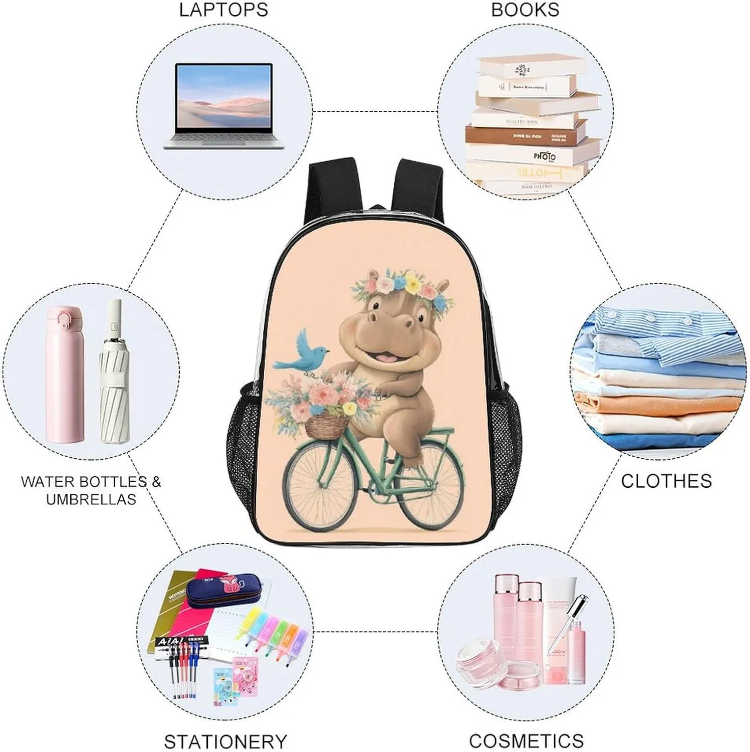 Women Men Transparent Hippopotamus On Bike Cute Funny Hippo Art Casual Daypack Large Capacity Bookbag With Side Pockets for Sports Picnic Walking Cycling