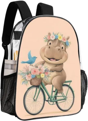 Women Men Transparent Hippopotamus On Bike Cute Funny Hippo Art Casual Daypack Large Capacity Bookbag With Side Pockets for Sports Picnic Walking Cycling