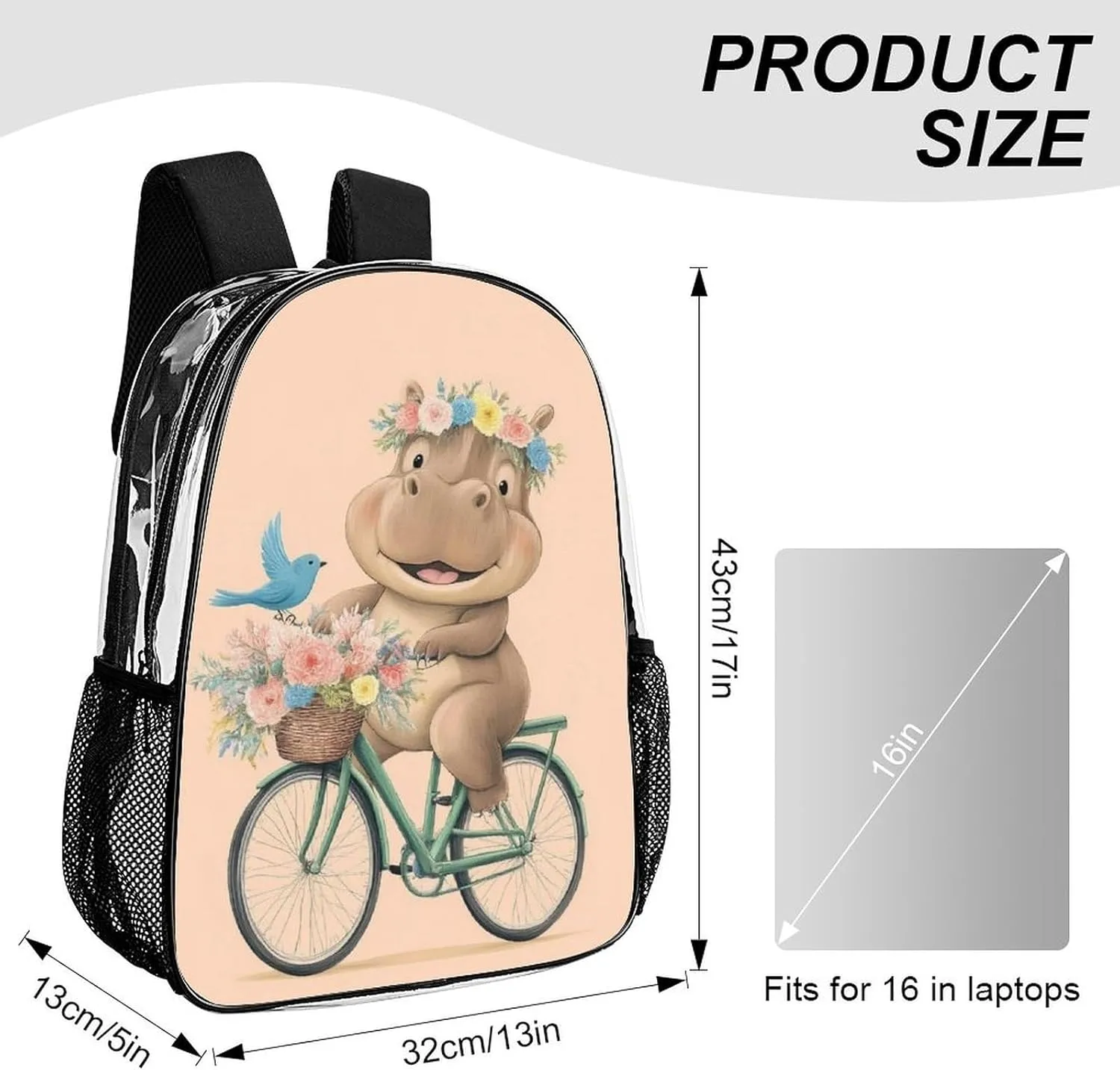 Women Men Transparent Hippopotamus On Bike Cute Funny Hippo Art Casual Daypack Large Capacity Bookbag With Side Pockets for Sports Picnic Walking Cycling
