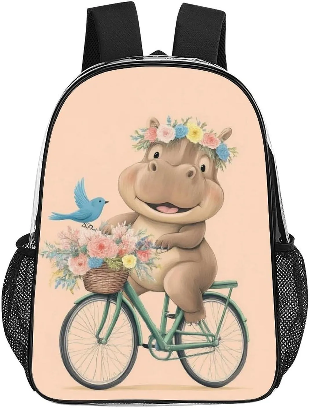 Women Men Transparent Hippopotamus On Bike Cute Funny Hippo Art Casual Daypack Large Capacity Bookbag With Side Pockets for Sports Picnic Walking Cycling