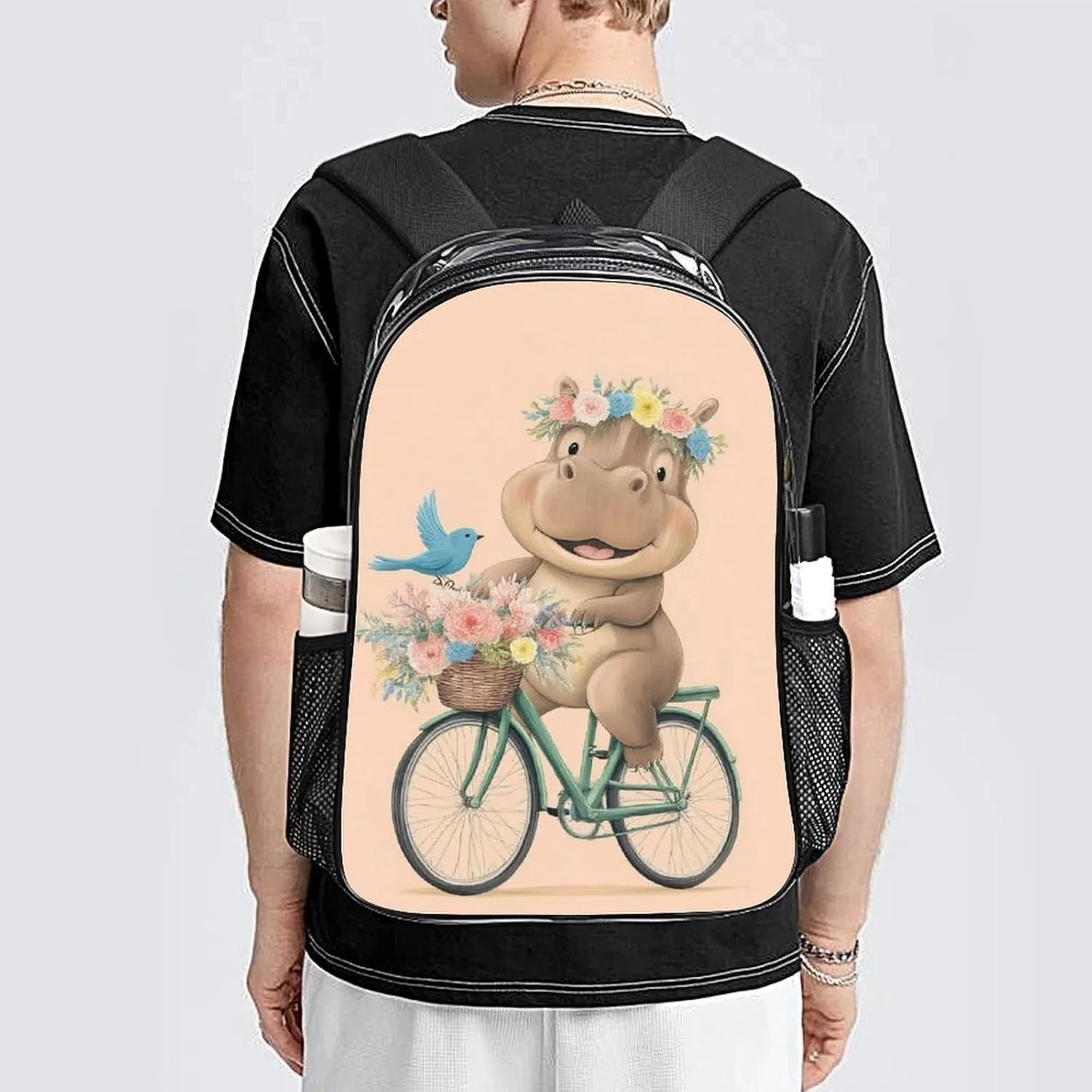 Women Men Transparent Hippopotamus On Bike Cute Funny Hippo Art Casual Daypack Large Capacity Bookbag With Side Pockets for Sports Picnic Walking Cycling