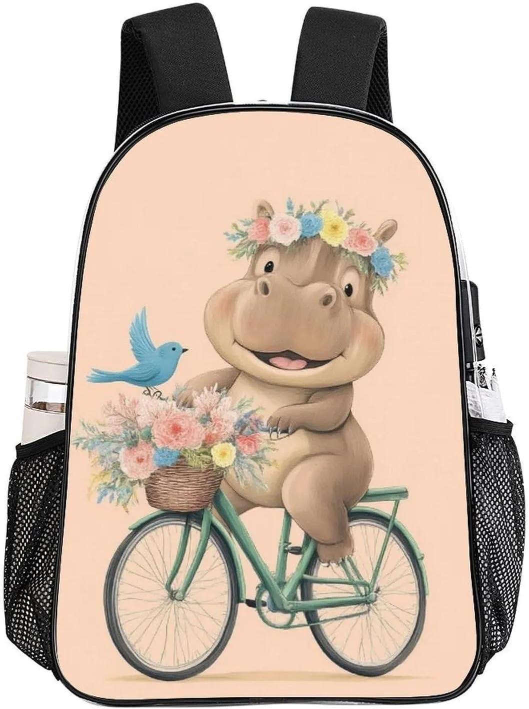 Women Men Transparent Hippopotamus On Bike Cute Funny Hippo Art Casual Daypack Large Capacity Bookbag With Side Pockets for Sports Picnic Walking Cycling