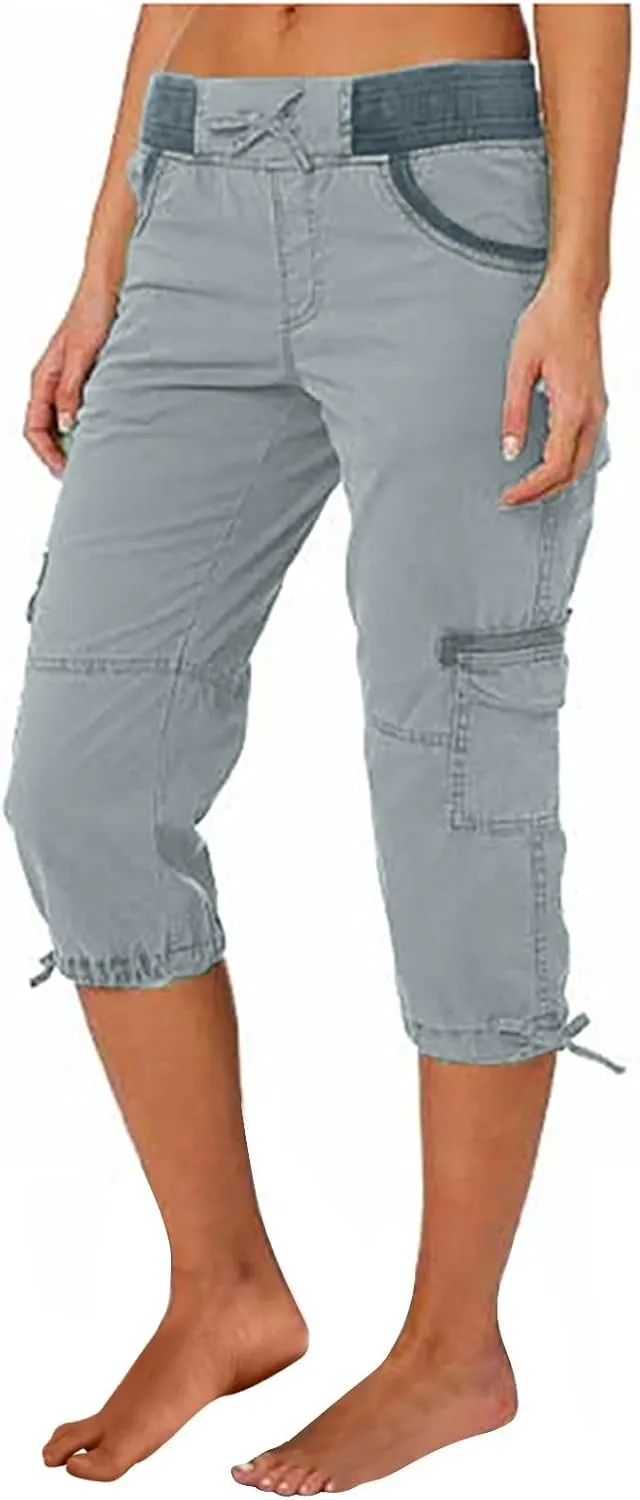Womens Capri Cargo Pants Hiking Lightweight with Pockets Curvy Summer Causl Baggy Cotton Bermuda Shorts Knee Length