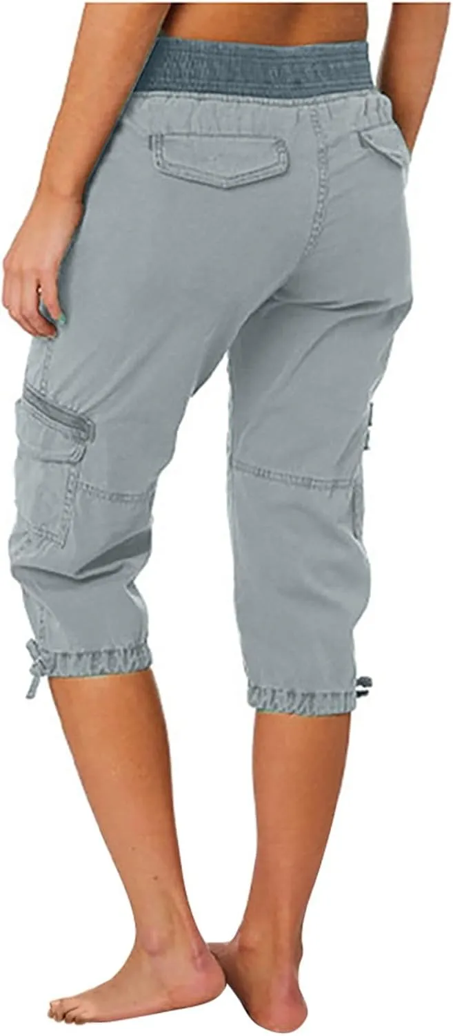 Womens Capri Cargo Pants Hiking Lightweight with Pockets Curvy Summer Causl Baggy Cotton Bermuda Shorts Knee Length