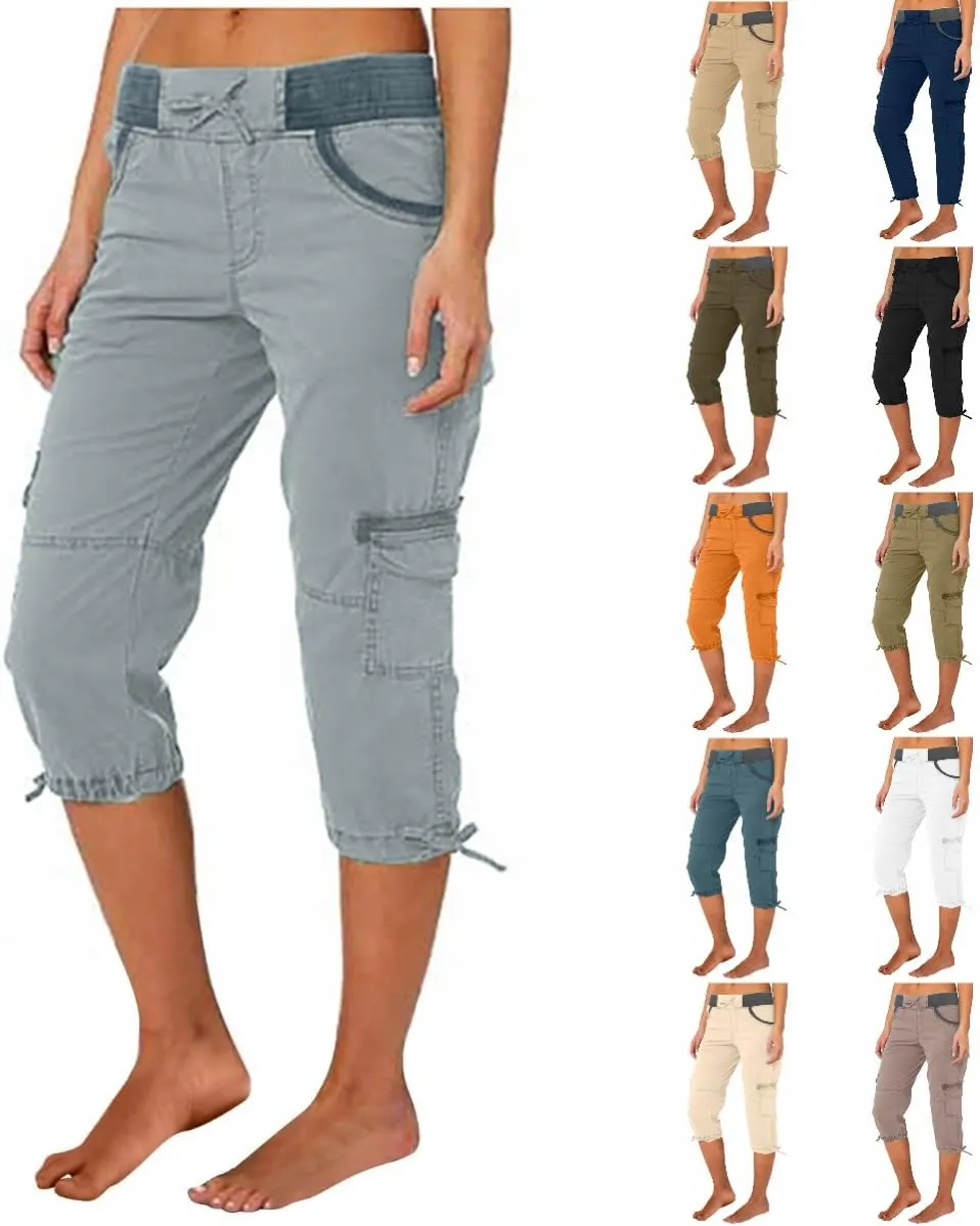 Womens Capri Cargo Pants Hiking Lightweight with Pockets Curvy Summer Causl Baggy Cotton Bermuda Shorts Knee Length
