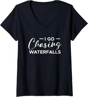 Womens I Go Chasing Waterfalls Water Hiking Hiker Nature Trekking V-Neck T-Shirt