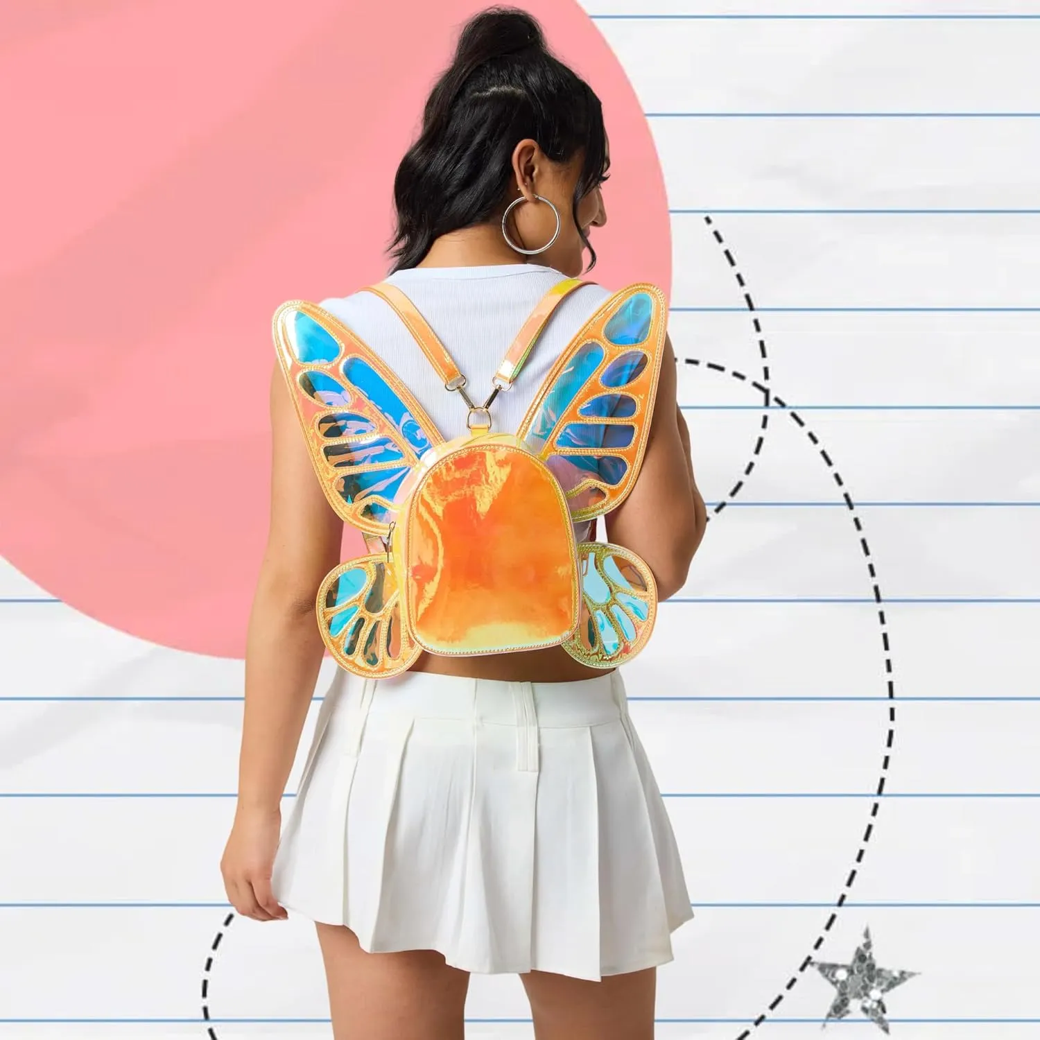 Women's Laser Holographic Backpack Butterfly Angel Wings Casual Daypack Fairy Wings Backpack for Women